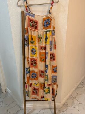 Kindred Patchwork Floral Maxi Sundress in Cream and Orange Linen Blend Size S